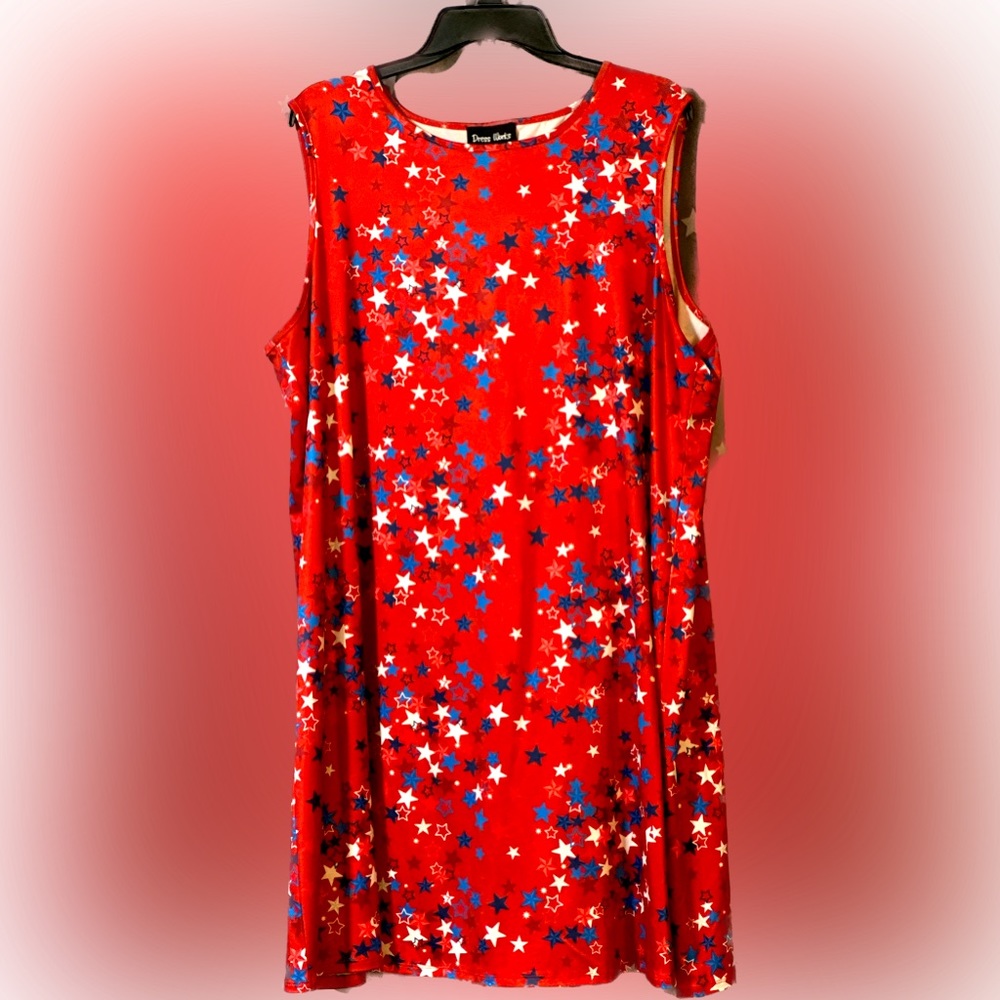 Sleeveless knee length red dress with red white and blue stars